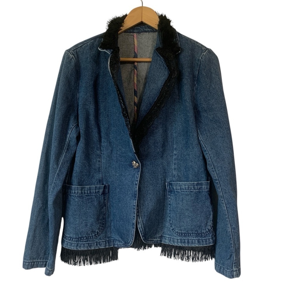 Customized Vintage Jean Jacket Heart Button Collared Denim Women's M Blue